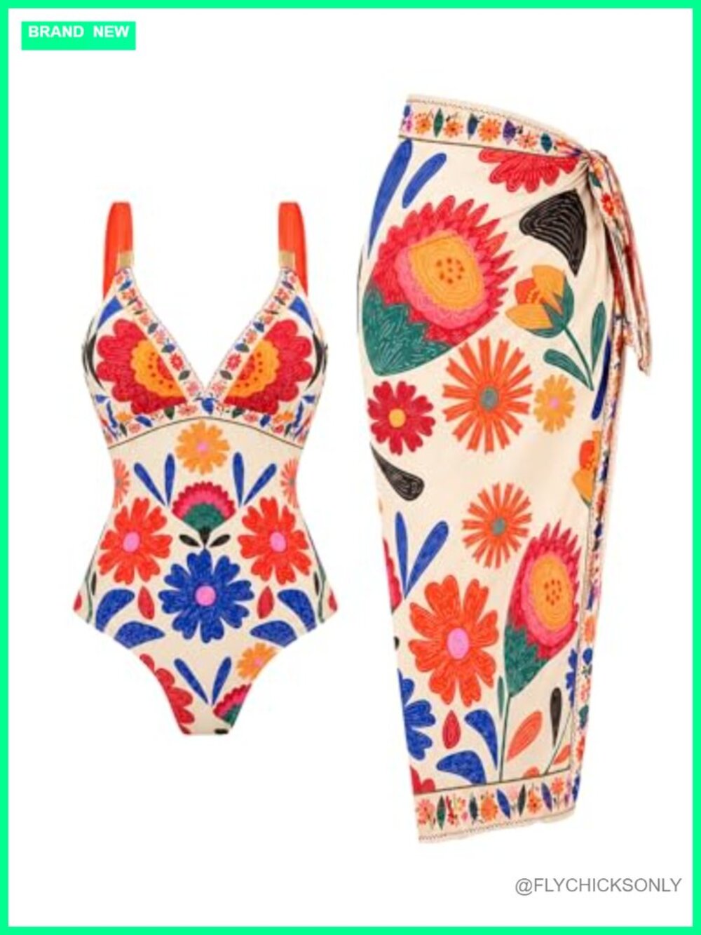 One Piece Swimsuit with Mesh Sarong Cover Up V-Neck Floral